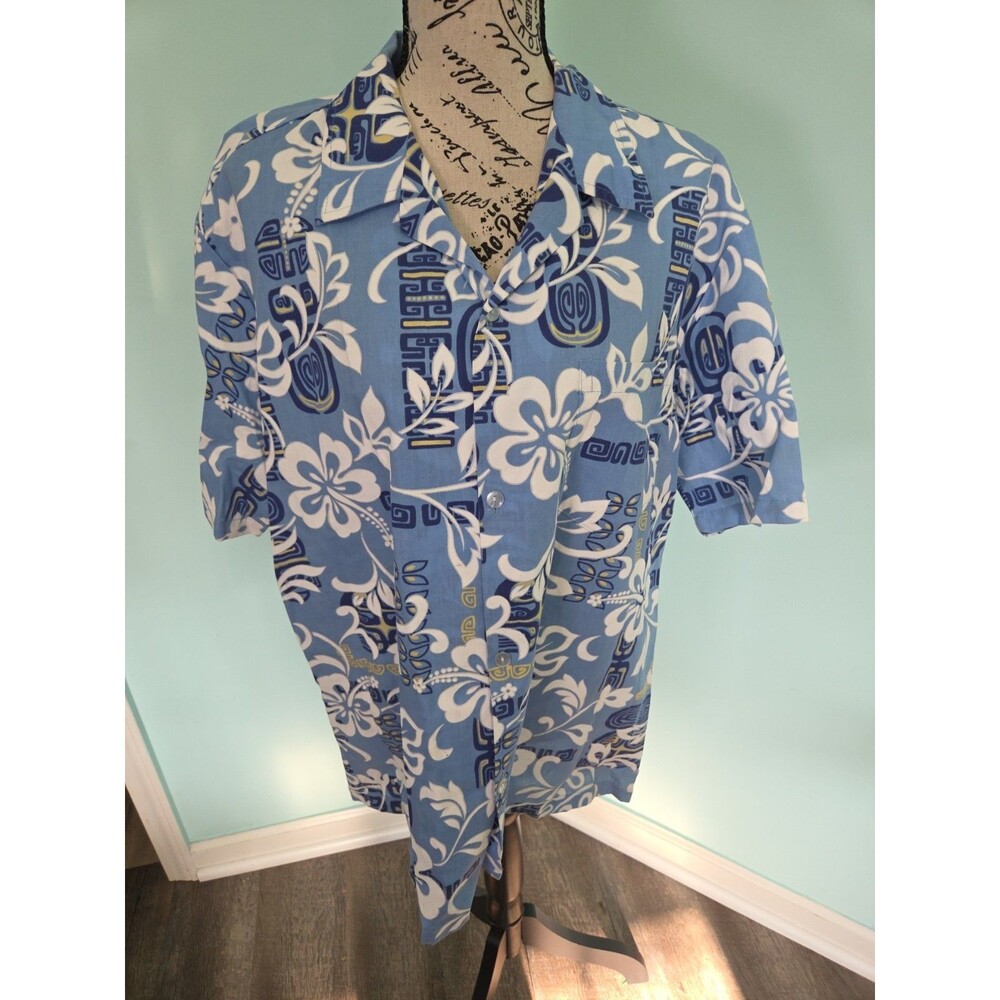 Howie Hawaiian Shirt Blue Flower Geometric Palm Leaves 1970s Mens large
